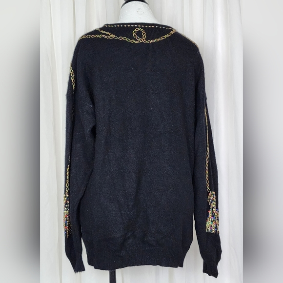 Vintage black knit wool beaded rhinestone Christmas Xmas tunic sweater L/XL - Picture 4 of 6